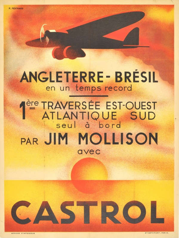 Original Art Deco Airplane Poster Castrol Jim Mollison Art Deco England Brazil  Print